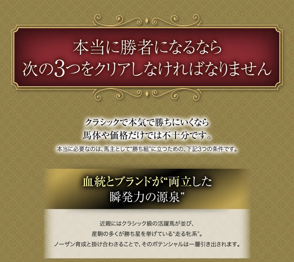 本当に勝者になるなら、次の3つをクリアしなければなりません。クラシックで本気で勝ちにいくなら、馬体や価格だけでは不十分です。本当に必要なのは、馬主として“勝ち組”に立つための、下記3つの条件です。血統とブランドが“両立した瞬発力の源泉”近親にはクラシック級の活躍馬が並び、産駒の多くが勝ち星を挙げている“走る牝系”。ノーザン育成と掛け合わさることで、そのポテンシャルは一層引き出されます。