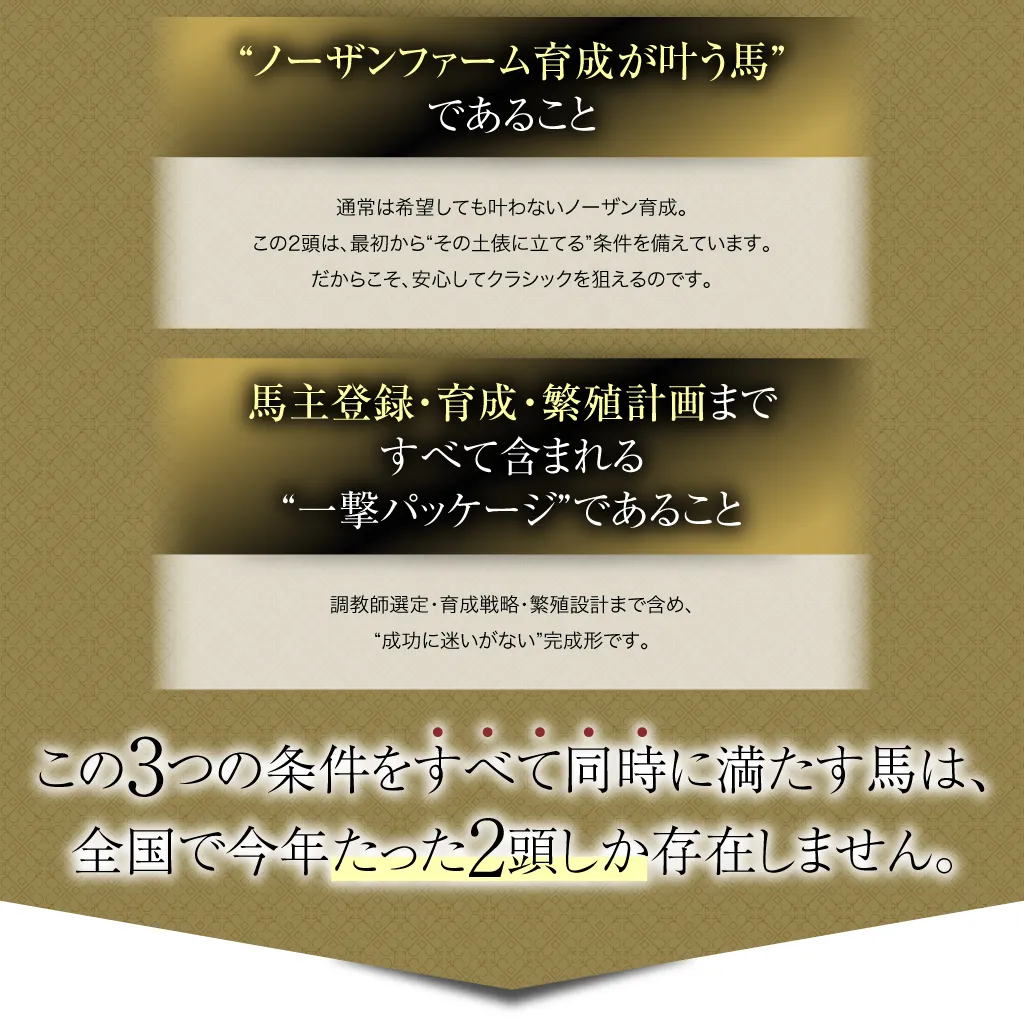 ノーザンファームで“権利的に預けられる馬”であること。通常は希望しても叶わないノーザン育成。この2頭は、最初から“その土俵に立てる”条件を備えています。だからこそ、安心してクラシックを狙えるのです。馬主登録・育成・繁殖計画まで、すべて含まれる“一撃パッケージ”であること。調教師選定・育成戦略・繁殖設計まで含め、“成功に迷いがない”完成形です。この3つの条件をすべて同時に満たす馬は、全国で今年たった2頭しか存在しません。