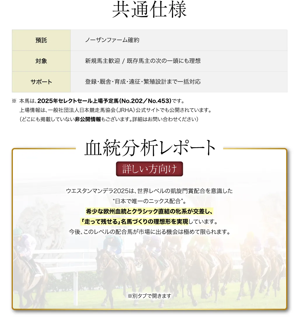 【共通仕様】
				預託：ノーザンファーム確約
				対象：新規馬主歓迎。既存馬主の次の一頭にも理想
				サポート：登録・厩舎・育成・遠征・繁殖設計まで一括対応

				※本馬は、2025年セレクトセール上場予定馬（No.202／No.453）です。上場情報は、一般社団法人日本競走馬協会（JRHA）公式サイトでも公開されています。（現在は、このご案内をご覧の方限定で、非公開譲渡にも対応しています。詳細はお問い合わせください）

				【血統分析レポート(詳しい方向け)】ウエスタンマンデラ2025は、世界レベルの凱旋門賞配合を意識した“日本で唯一のニックス配合”。希少な欧州血統とクラシック直結の牝系が交差し、「走って残せる」名馬づくりの理想形を実現しています。今後、このレベルの配合馬が市場に出る機会は極めて限られます。