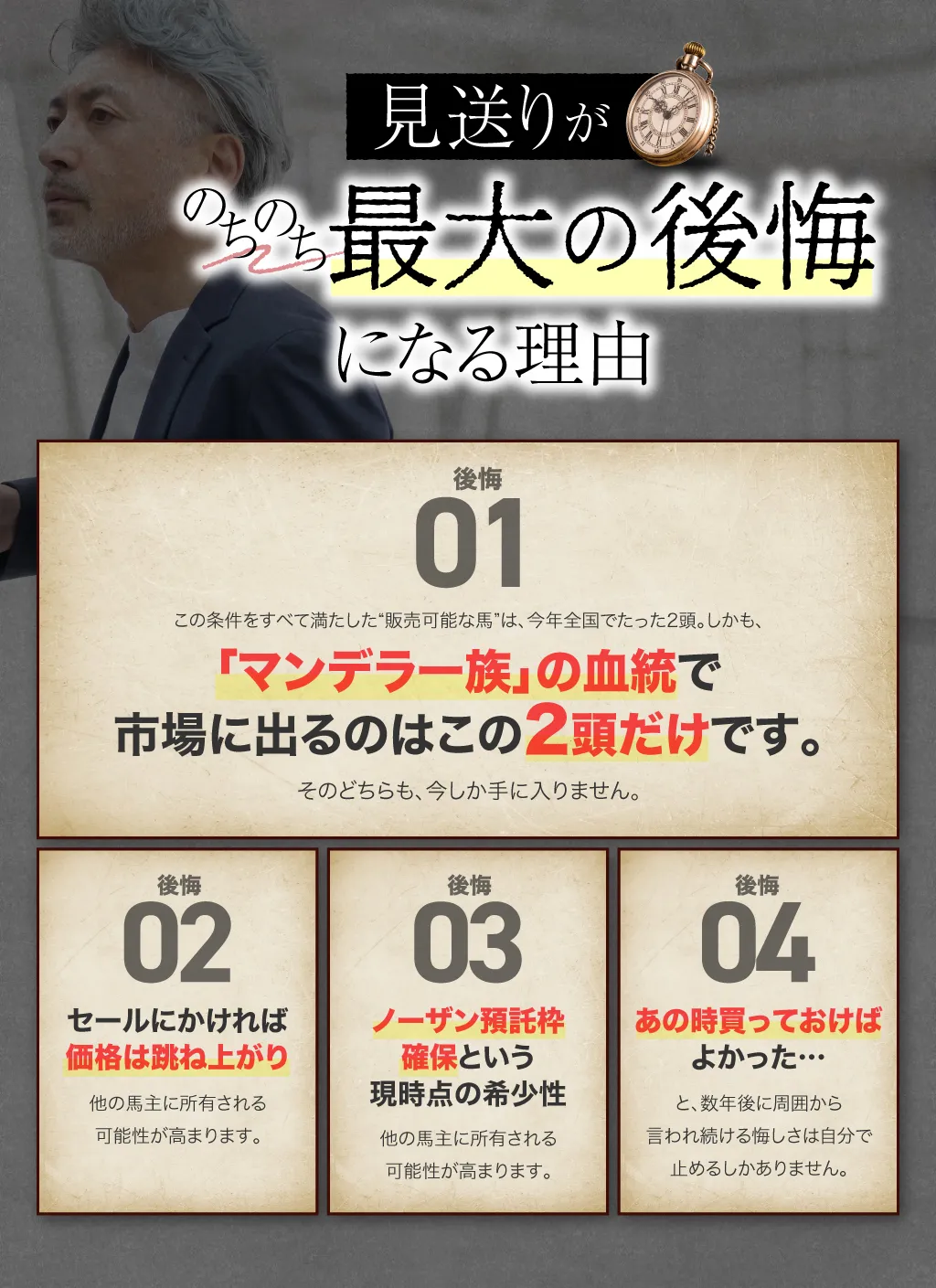“見送り”が、のちのち最大の後悔になる理由。この条件をすべて満たした“販売可能な馬”は、今年全国でたった2頭。しかも、「マンデラ一族」の血統で市場に出るのは、この2頭だけです。そのどちらも、今しか手に入りません。セールにかければ価格は跳ね上がり、他の馬主に所有される可能性が高まります。ノーザン預託枠確保という現時点の希少性が消える前に動かないと、機会は永遠に消えます。「あの時買っておけばよかった…」と、数年後に周囲から言われ続ける悔しさは自分で止めるしかありません。