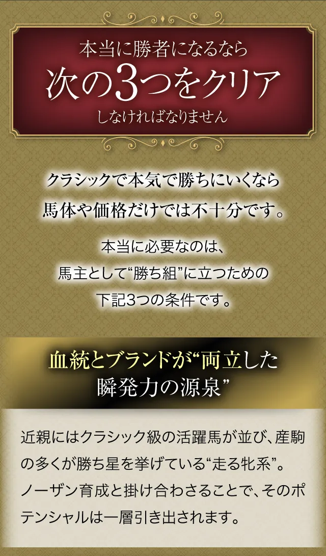 本当に勝者になるなら、次の3つをクリアしなければなりません。クラシックで本気で勝ちにいくなら、馬体や価格だけでは不十分です。本当に必要なのは、馬主として“勝ち組”に立つための、下記3つの条件です。血統とブランドが“両立した瞬発力の源泉”近親にはクラシック級の活躍馬が並び、産駒の多くが勝ち星を挙げている“走る牝系”。ノーザン育成と掛け合わさることで、そのポテンシャルは一層引き出されます。