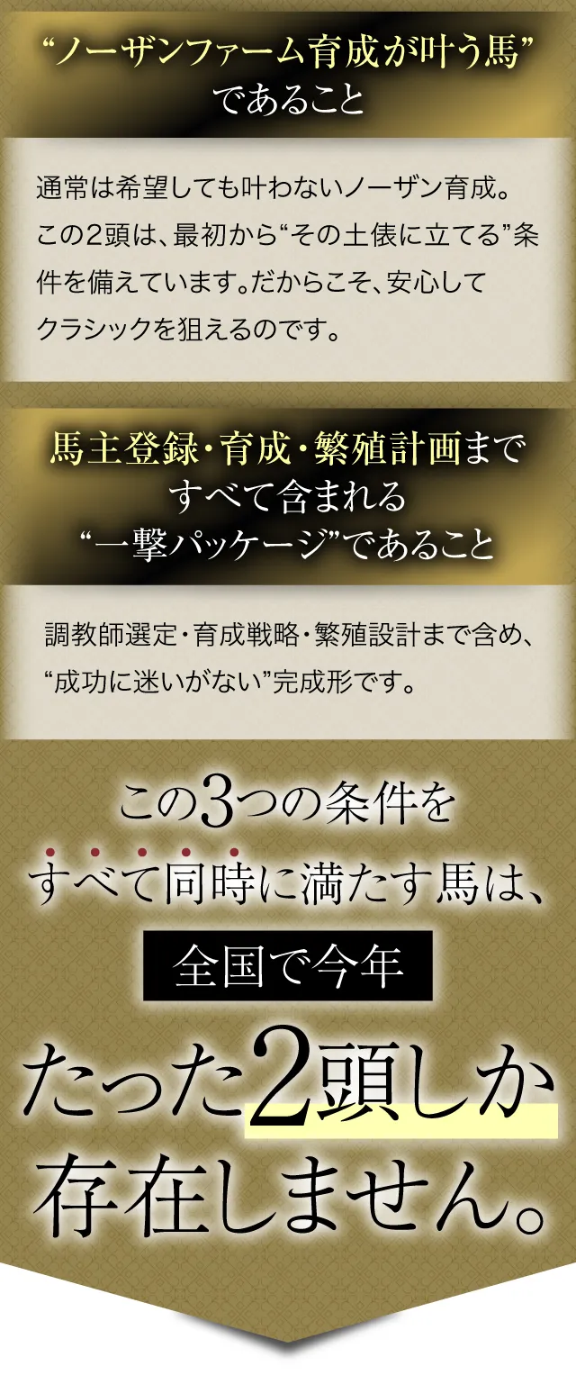 ノーザンファームで“権利的に預けられる馬”であること。通常は希望しても叶わないノーザン育成。この2頭は、最初から“その土俵に立てる”条件を備えています。だからこそ、安心してクラシックを狙えるのです。馬主登録・育成・繁殖計画まで、すべて含まれる“一撃パッケージ”であること。調教師選定・育成戦略・繁殖設計まで含め、“成功に迷いがない”完成形です。この3つの条件をすべて同時に満たす馬は、全国で今年たった2頭しか存在しません。