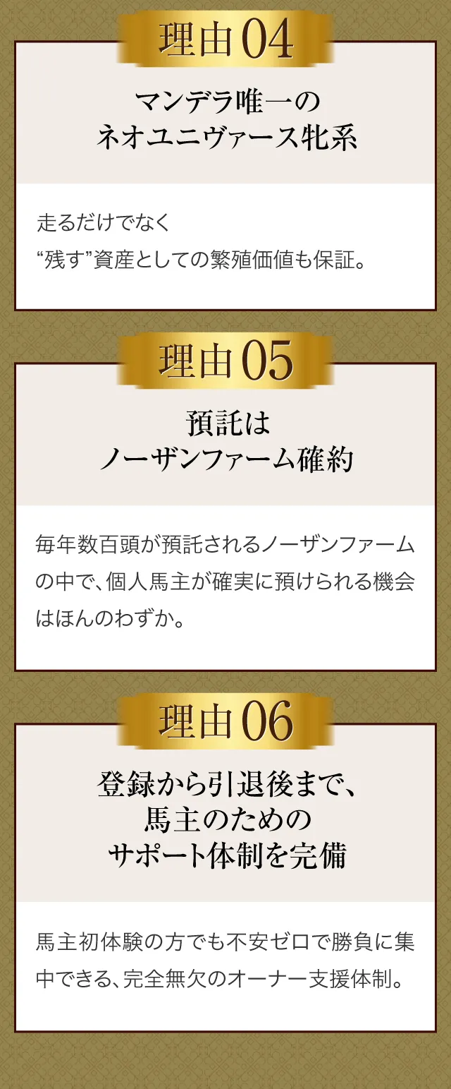 マンデラ唯一のネオユニヴァース牝系。走るだけでなく“残す”資産としての繁殖価値も保証。預託はノーザンファーム確約。毎年数百頭が預託されるノーザンファームの中で、個人馬主が確実に預けられる機会はほんのわずか。登録から引退後まで、馬主のためのサポート体制を完備。馬主初体験の方でも不安ゼロで勝負に集中できる、完全無欠のオーナー支援体制。
