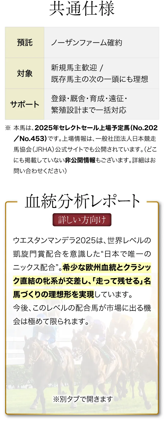 【共通仕様】
				預託：ノーザンファーム確約
				対象：新規馬主歓迎。既存馬主の次の一頭にも理想
				サポート：登録・厩舎・育成・遠征・繁殖設計まで一括対応

				※本馬は、2025年セレクトセール上場予定馬（No.202／No.453）です。上場情報は、一般社団法人日本競走馬協会（JRHA）公式サイトでも公開されています。（現在は、このご案内をご覧の方限定で、非公開譲渡にも対応しています。詳細はお問い合わせください）

				【血統分析レポート(詳しい方向け)】ウエスタンマンデラ2025は、世界レベルの凱旋門賞配合を意識した“日本で唯一のニックス配合”。希少な欧州血統とクラシック直結の牝系が交差し、「走って残せる」名馬づくりの理想形を実現しています。今後、このレベルの配合馬が市場に出る機会は極めて限られます。