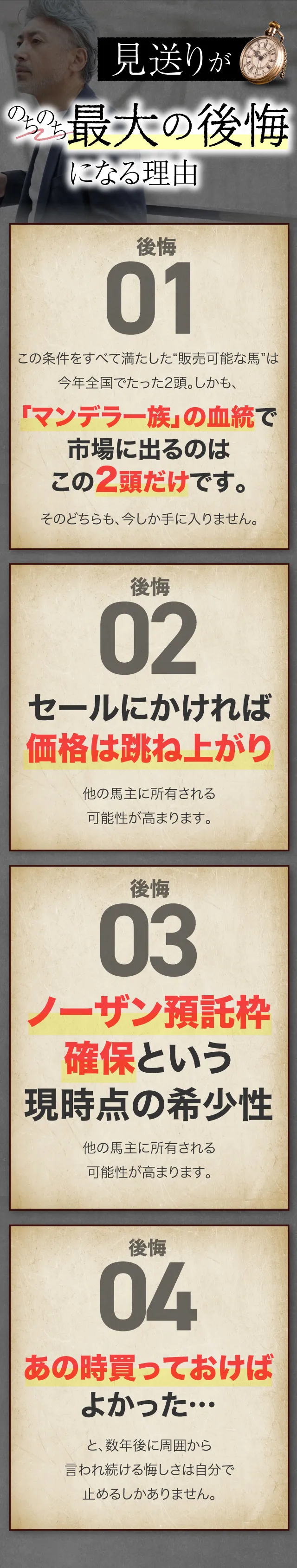 “見送り”が、のちのち最大の後悔になる理由。この条件をすべて満たした“販売可能な馬”は、今年全国でたった2頭。しかも、「マンデラ一族」の血統で市場に出るのは、この2頭だけです。そのどちらも、今しか手に入りません。セールにかければ価格は跳ね上がり、他の馬主に所有される可能性が高まります。ノーザン預託枠確保という現時点の希少性が消える前に動かないと、機会は永遠に消えます。「あの時買っておけばよかった…」と、数年後に周囲から言われ続ける悔しさは自分で止めるしかありません。